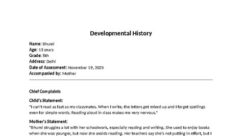 Developmental History of Bhumi (Grade 8) - Dyslexia Assessment - Studocu