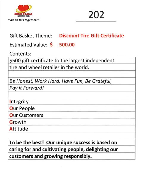 202 – Discount Tire Gift Certificate 2 – Bruce T Halle Assistance Fund
