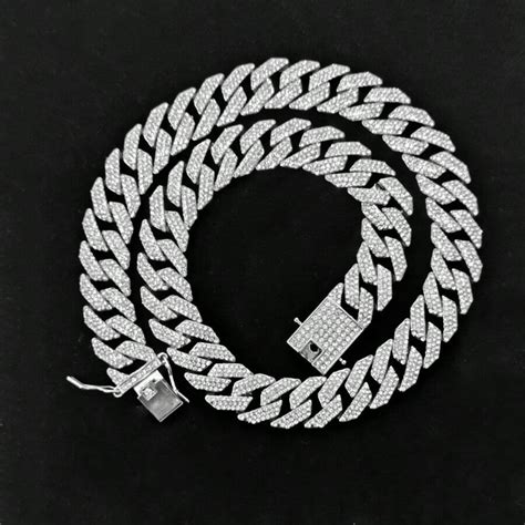 16MM 3 Row Rhinestone Paved Miami Rhombus Cuban Men Necklace Cuban Link ...