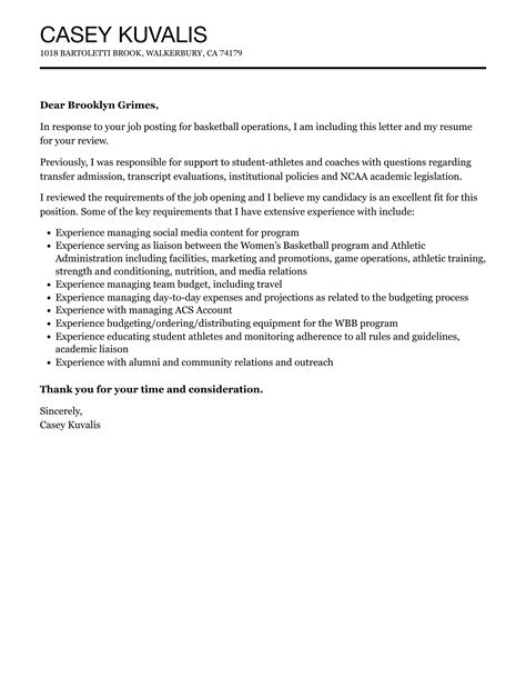 Basketball Operations Cover Letter | Velvet Jobs