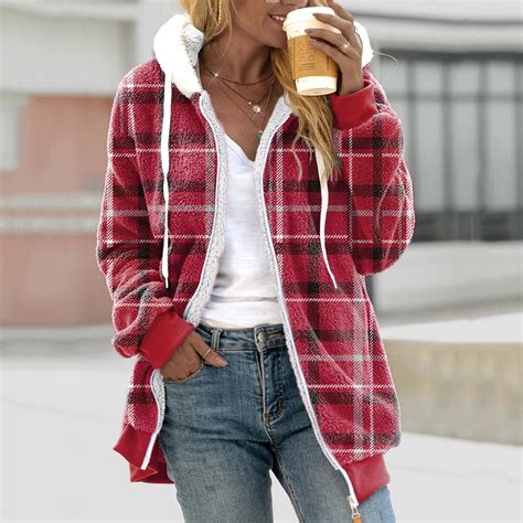 Aboser Plaid Jackets for Women Warm Sherpa Lined Coat with Hood Cozy ...