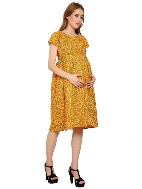 Yellow Fit and Flare Cotton Maternity and Feeding Dress