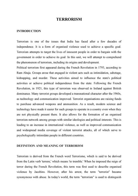 Terrorism - Lecture notes 7 - TERRORISM INTRODUCTION Terrorism is one ...