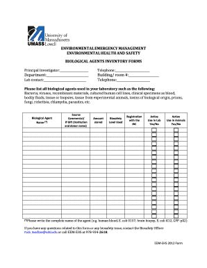 Fillable Online uml Biological Agent Inventory Form - uml Fax Email ...