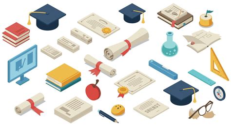Isometric education elements with books, diplomas, and graduation caps ...