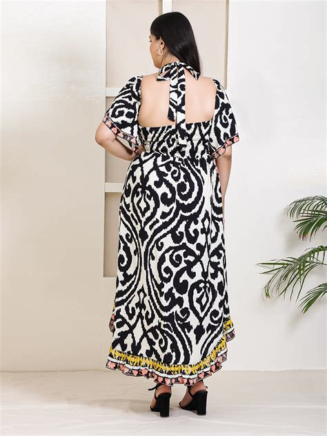 Women's Plus Size Black Abstract Printed With Bell Sleeve High Slit Dr