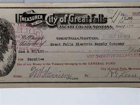 Treasurer of the City of Great Falls Treasury Check*Oct. 15, 1913 ...