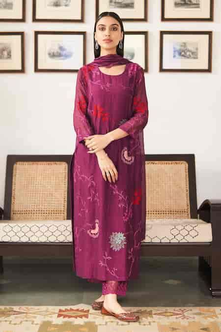 Buy Purple Muslin Embroidery Round Neck Thread And Applique Work Kurta ...