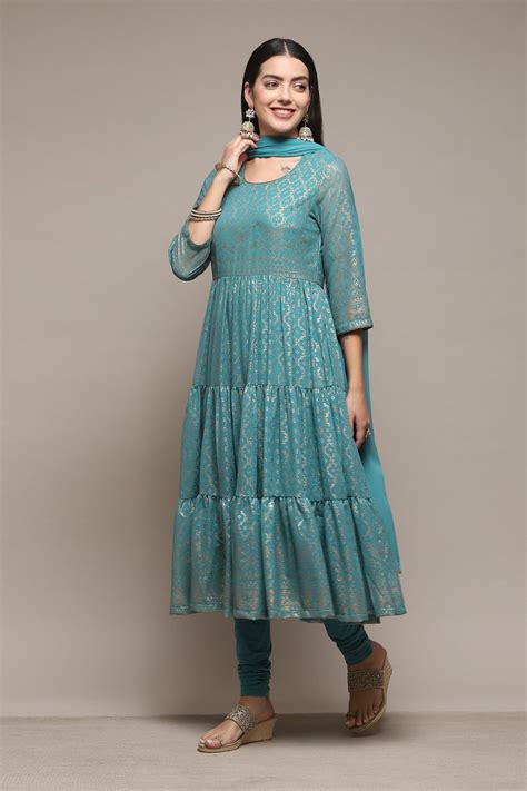 Sea Green Polyester Anarkali Kurta Churidar Suit Set at Biba India