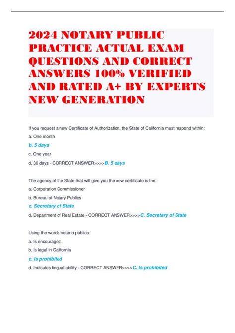 2024 NOTARY PUBLIC PRACTICE ACTUAL EXAM QUESTIONS AND CORRECT ANSWERS ...