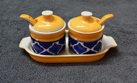Buy RenHomz Ceramic Pickle Jar- Set of 2 with Tray and ceramic spoons ...
