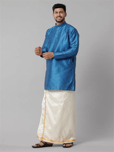 Ramraj Men Poly Cotton Blue Medium Length Kurta with Art Silk Cream ...