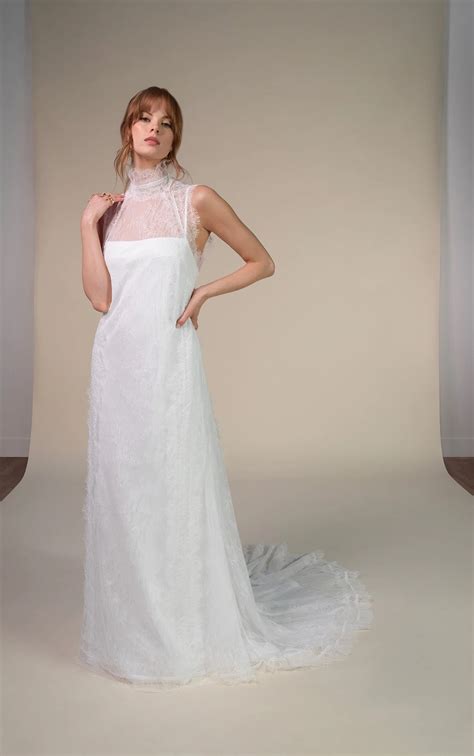 Lace and Charmeue Sheath Wedding Dress with High Neck