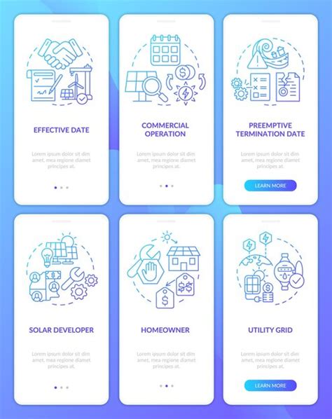 Power purchase agreement blue gradient onboarding mobile app screen set ...