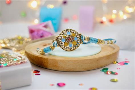 Antique Blue n yellow Gold Plated CZ Rakhis1 Rakhi Made from Cotton ...