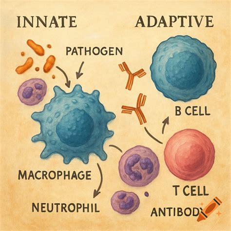 Watercolor diagram illustrating innate and adaptive immune responses with labeled cells and ...