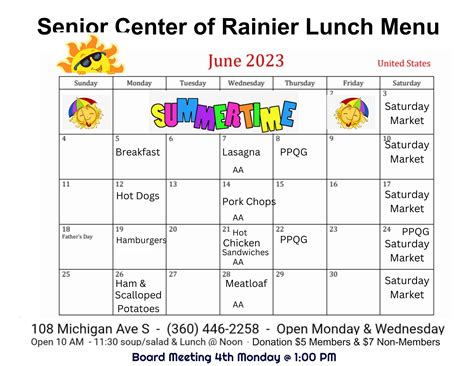 Senior Center of Rainier News: June 2023 Lunch Menu