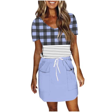 Hvot&aat Women Summer Casual Drawstring T Shirt Dress Short Sleeve V ...