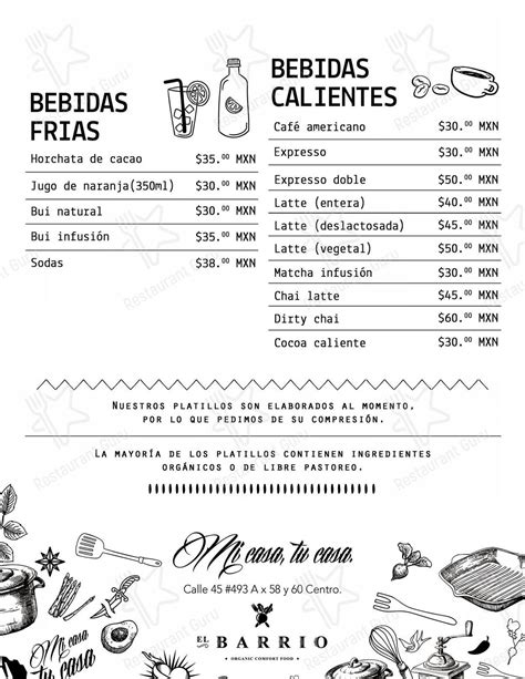 Menu at El barrio, Merida