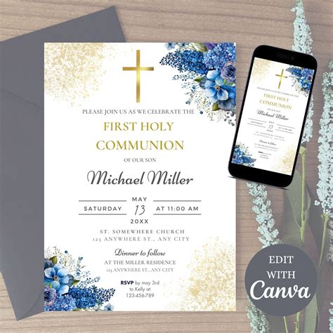 Blue and Gold First Communion Invitaion Template, First Holy Communion Invitation Boy, Editable ...