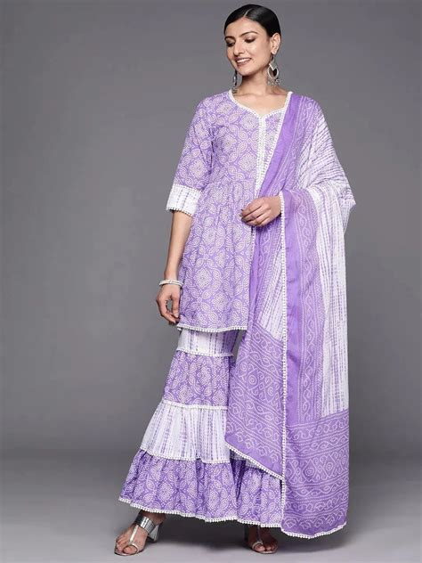 Buy Purple Printed Cotton Anarkali Kurti With Sharara & Dupatta Online ...