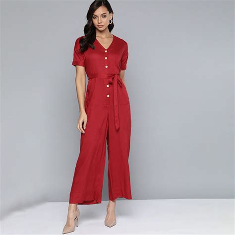 Styleage - Red Solid Flared Jumpsuit with Belt