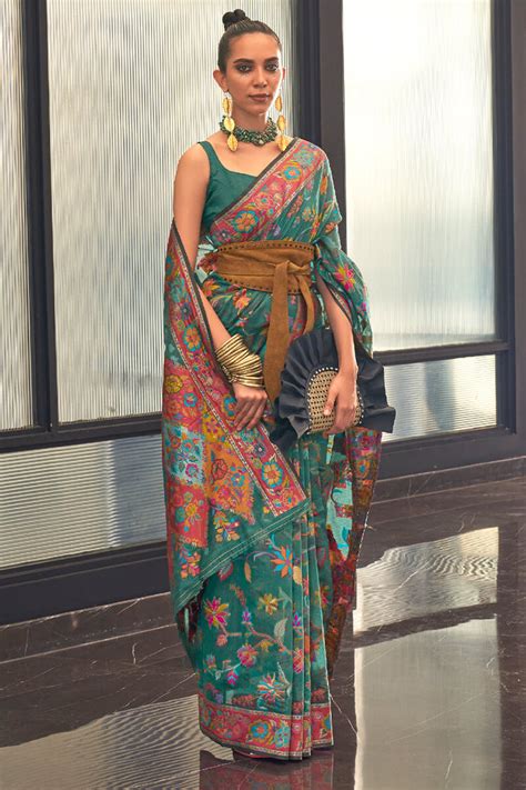 Beetle Green Kashmiri Modal Pashmina Silk Saree – Armima