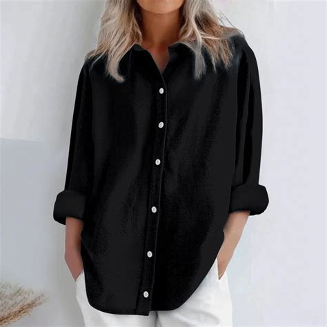 Black Womens Tops Womens Daily Casual Linen Shirts Long Sleeve Shirts ...