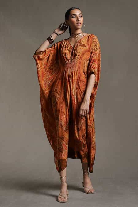 Buy Orange Viscose Crepe Paisley V Neck Print Kaftan For Women by Ritu ...