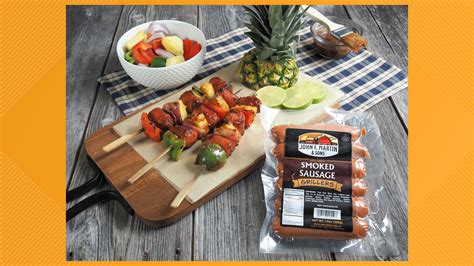 John F. Martin & Sons grill up spicy tropical BBQ smoked sausage kabobs ...