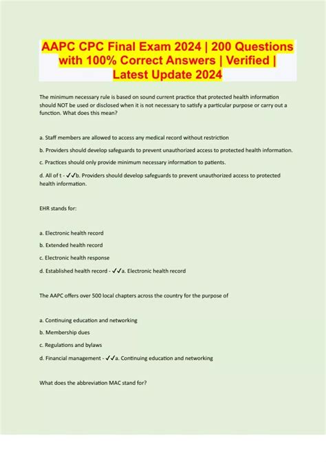 AAPC CPC Final Exam 2024 | 200 Questions with 100% Correct Answers ...