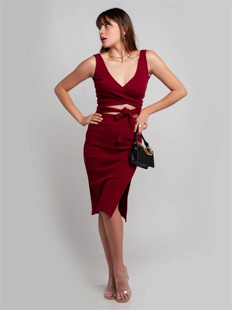Buy Maroon Solid Wrap Co-ord Set For Women Online - Zink London