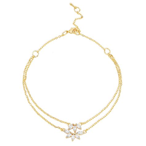 MINUTIAE Flower Shape Layered Anklet With Solitaire Crystal Diamonds ...
