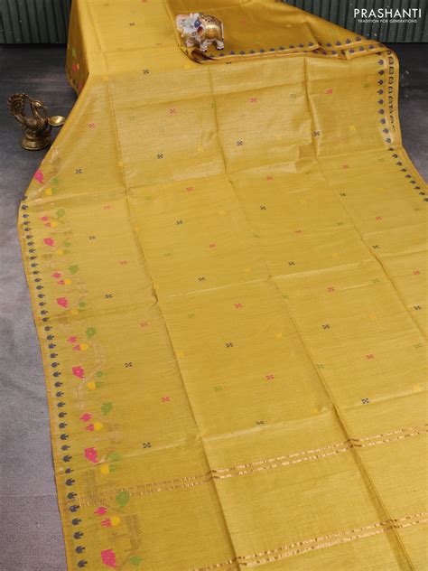 Munga tussar silk saree mustard yellow with thread woven buttas and wo ...