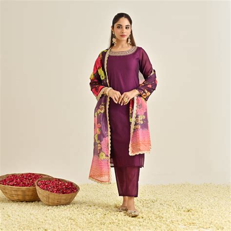Buy Burgundy Festive Embroidered Kurta Set with Printed Dupatta & Round ...