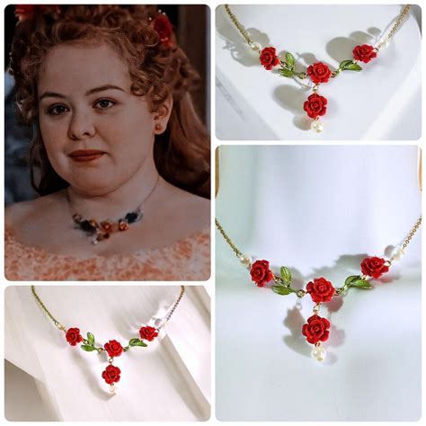 Buy Bridgerton Penelope Feathering Red Rose Flower Necklace, Rose Charm ...