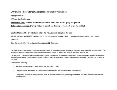 Assignment 2 Instructions - QUAL8240 – Spreadsheet Applications for ...