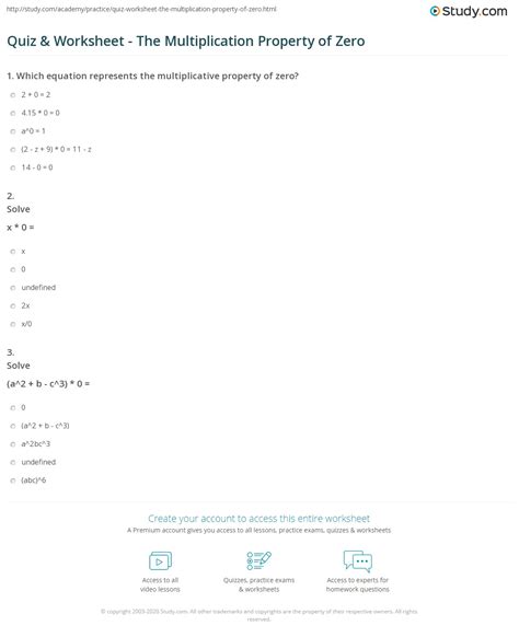 Quiz & Worksheet - The Multiplication Property of Zero | Study.com