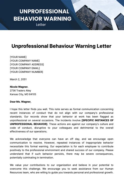Free Unprofessional Behaviour Warning Letter Template to Edit Online