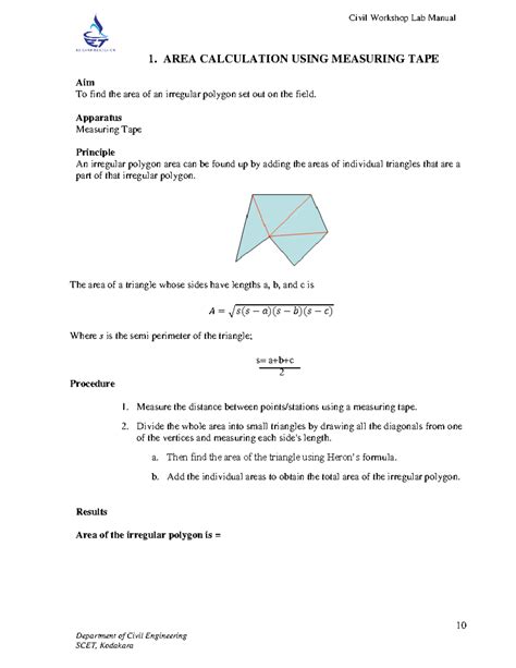 EX 1 Area - Civil Workshop Lab Manual 10 Department of Civil ...