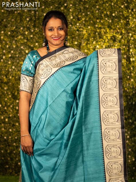 Chappa saree teal blue and cream with plain body and madhubani printed ...