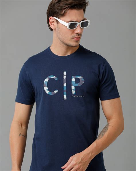 Classic Polo Men's Cotton Half Sleeve Printed Slim Fit Round Neck Navy