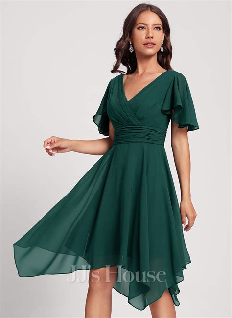 A-Line V-neck Asymmetrical Chiffon Cocktail Dress (016285481) - JJ's House