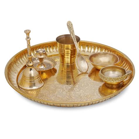4-H Pooja Thali Set with 7 Pooja Brass Accessories | Plate (7inch) Bell ...