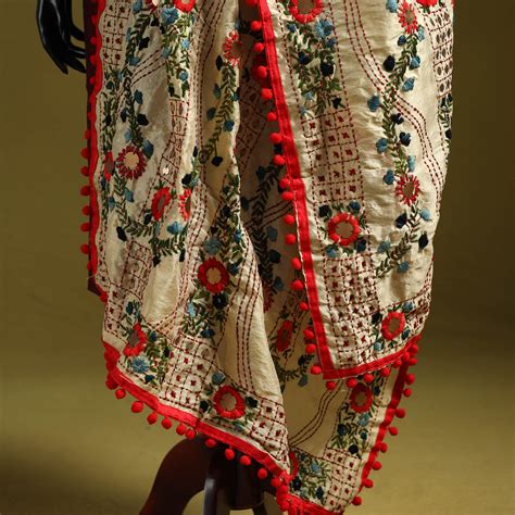 Beige Ranihati Chapa Work Chanderi Silk Hand Embroidery Dupatta