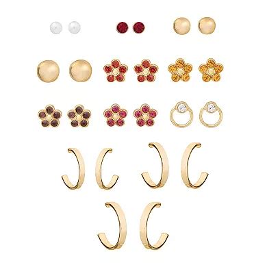 Emberly Gold Tone Floral Stud and Hoop Earrings 12 Pack Set