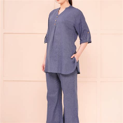 Grey Mandarin Collar Cotton Flax Co-ord Set For Woman | Top with Flare ...