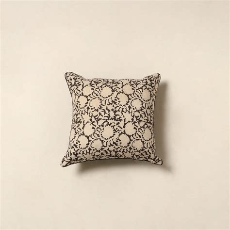 Beige Block Print Cotton Bagru Cushion Cover