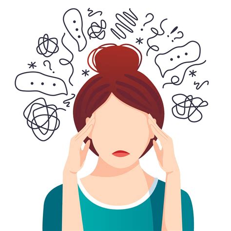 Anxiety, depression, stress, headache. Dizziness, sad and anxious thoughts of woman. Young ...