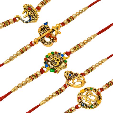 OM Combo Rakhi Pack of 5 with Roli Chawal n Rakshabandhan Greeting Car ...